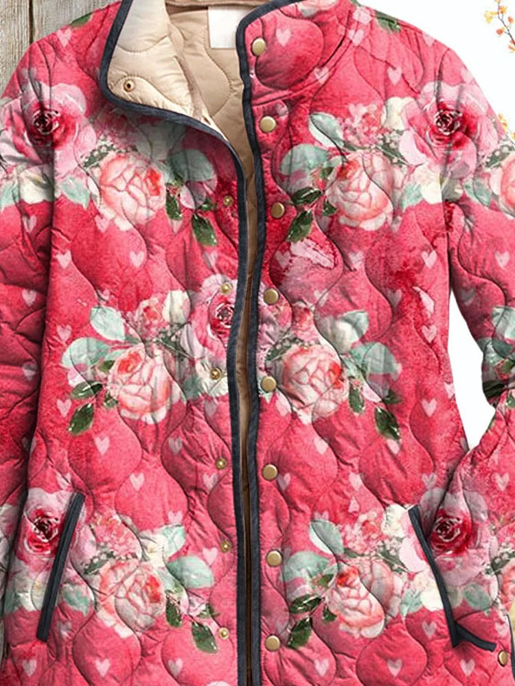 Charmante rosa Floral bedruckte Steppjacke für Frauen