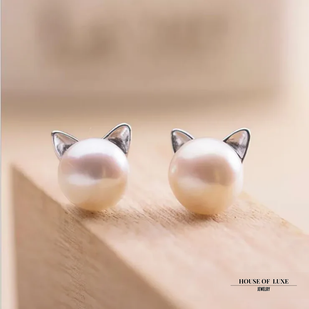 STERLING SILBER KATZE PERLE OHRSTECKER