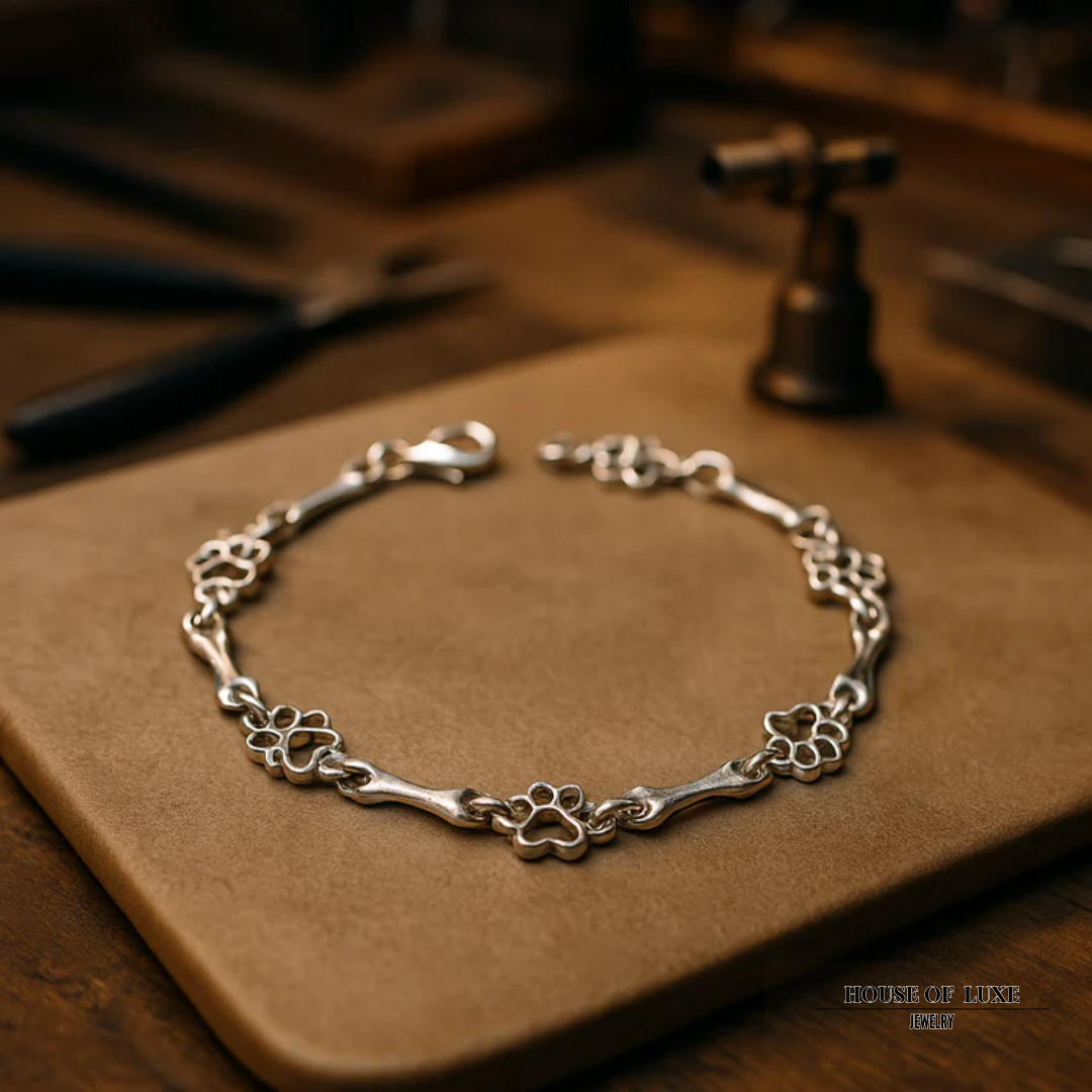SILBERNER HUND PFOTE UND KNOCHEN CHARMS ARMBAND