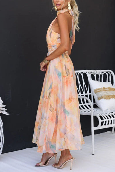 Marissa - Aquarellfarbenes Maxikleid mit offenem Rücken