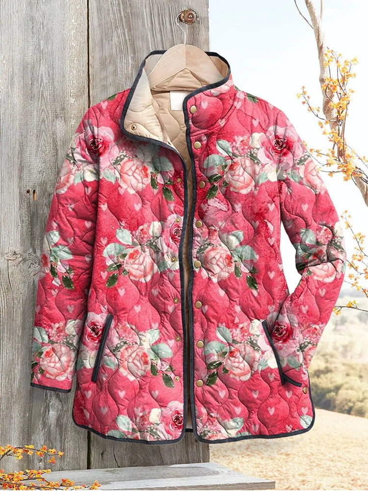 Charmante rosa Floral bedruckte Steppjacke für Frauen