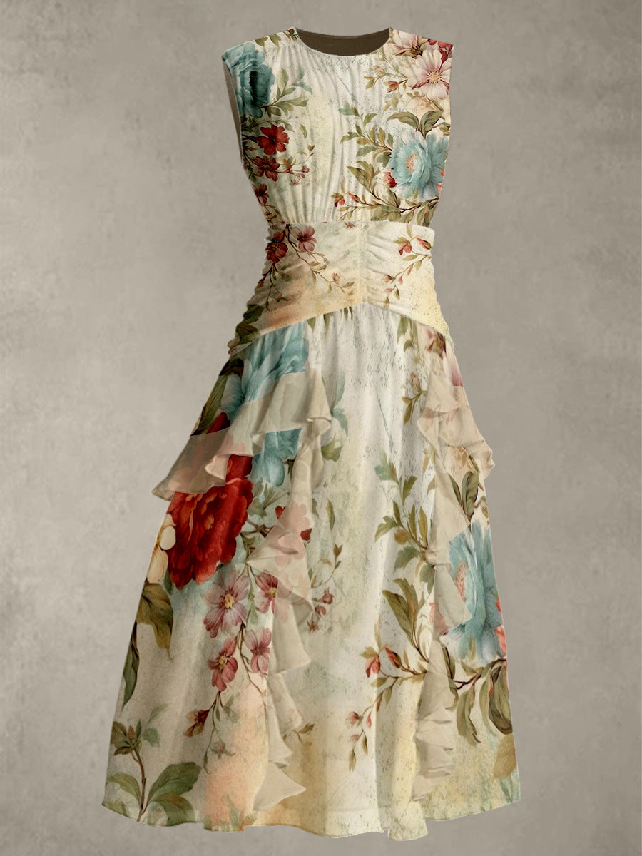 Vintage-Maxikleid mit Blumenmuster, Rundhalsausschnitt und ohne Ärmel