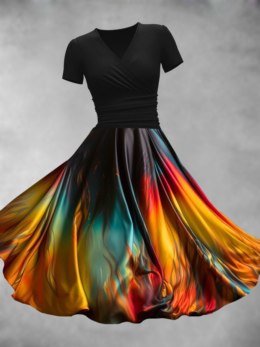 Regenbogenprint V-Ausschnitt Kurzarm-Midi-Kleid