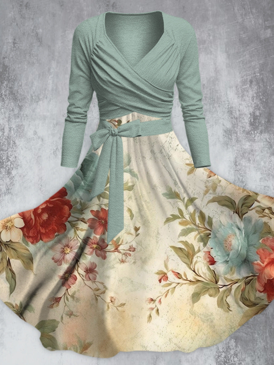 Vintage-Midi-Kleid mit eleganter Blumenprint, V-Ausschnitt, langen Ärmeln und Trägern