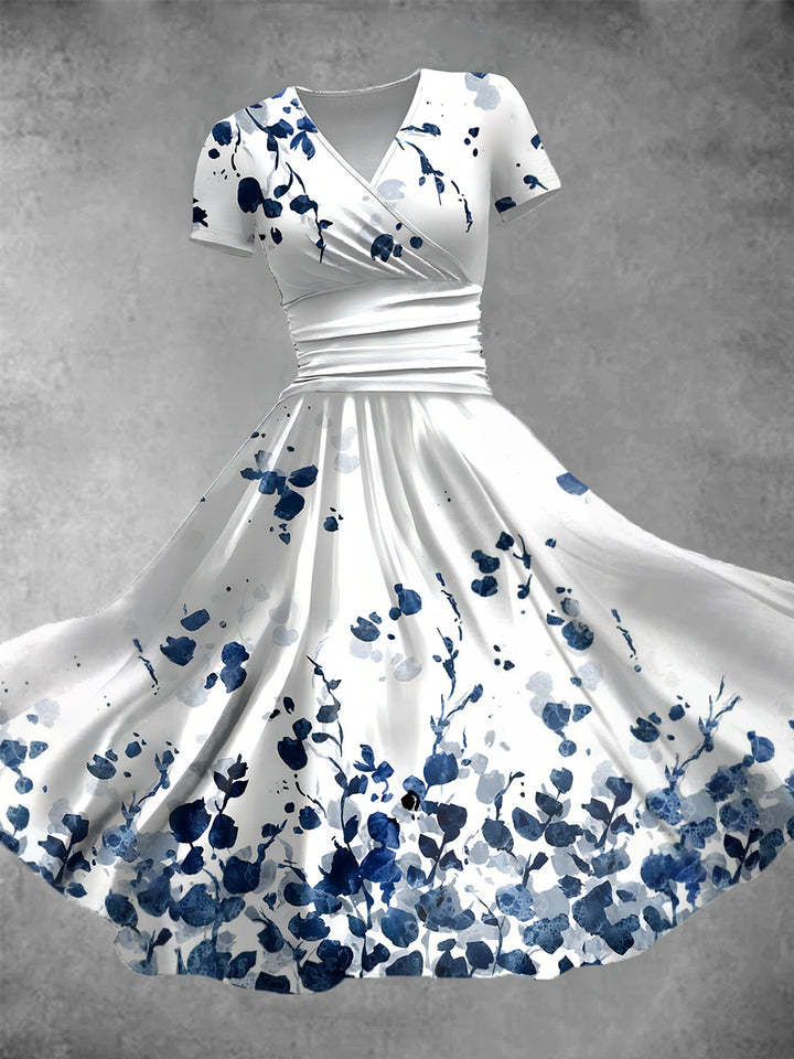 Damen-Maxikleid mit V-Ausschnitt und Vintage-Blattmotiv in Blau