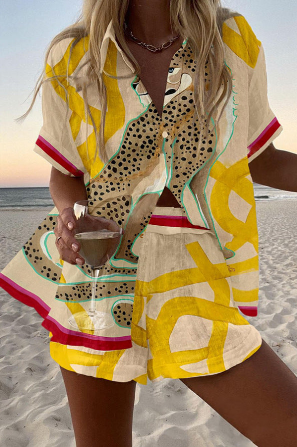 Casima™ | Geparden-Print Leinen Short Set