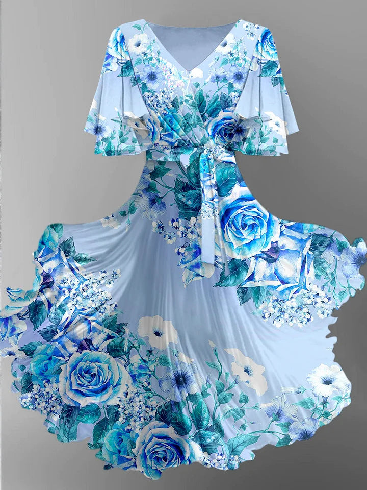 Retro-Blumenmuster-Kunstdruck, schickes V-Ausschnitt-Midikleid mit kurzen Ärmeln