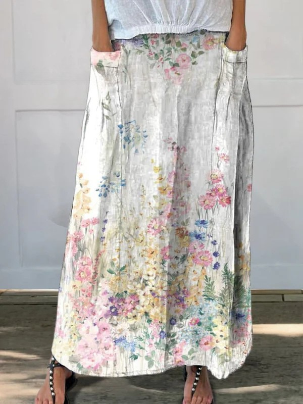 Women's Vintage Botanical Floral Leinen Elastischer Bund Tasche Rock