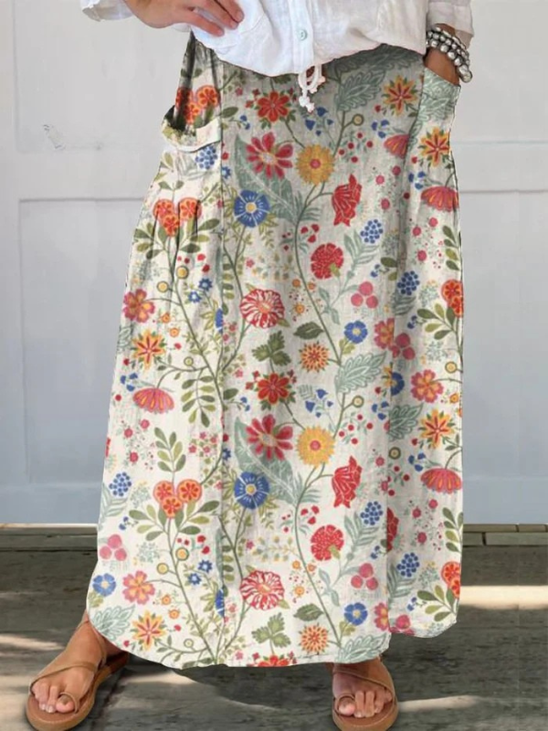 Women's Floral Print Leinen Elastischer Bund Tasche Rock