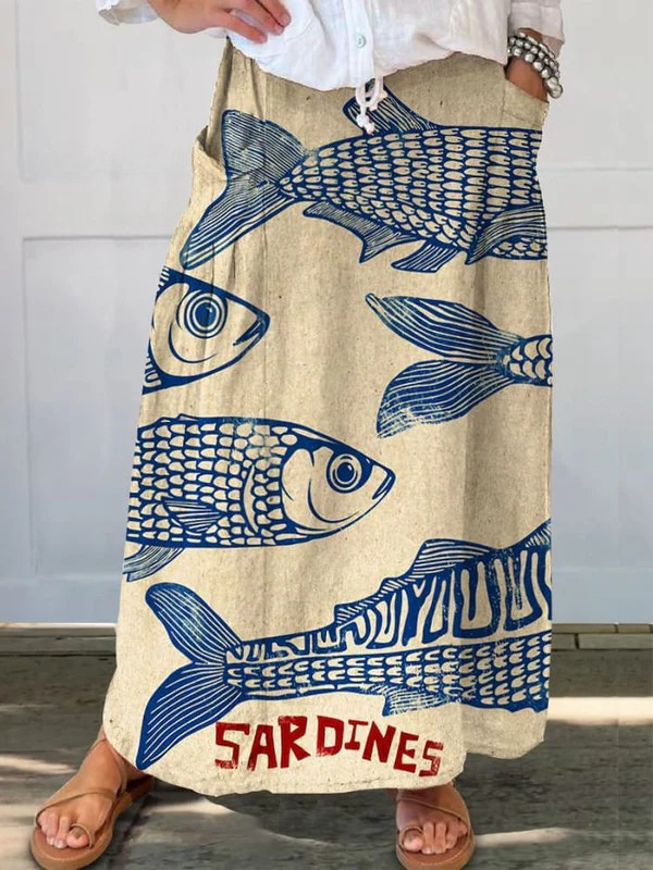 Damen Vintage Fisch Sardine Kunstdruck Leinen Tasche Rock
